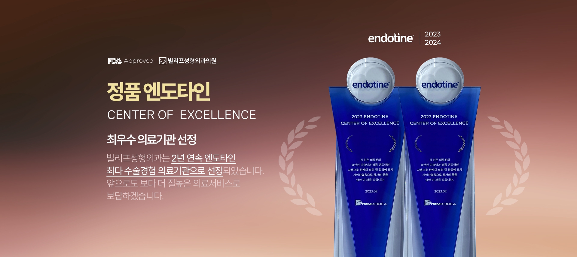 정품 엔도타인 CENTER OF EXCELLENCE 최우수 의료기관 선정 빌리프성형외과는 2년 연속 엔도타인 최다 수술경험 의료기관으로 선정되었습니다.  앞으로도 보다 더 질높은 의료서비스로 보답하겠습니다.