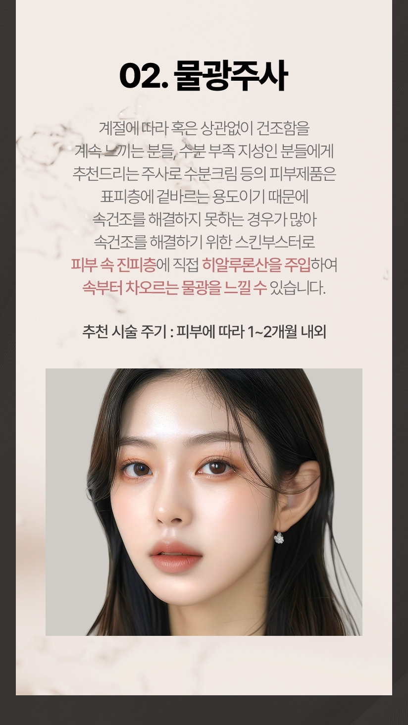 02.물광주사 계절에 따라 혹은 상관없이 건조함을 계속 느끼는 분들, 수분 부족 지성인 분들에게 추천드리는 주사로 수분크림등의 피부제품은 표피층에 겉바르는 용도이기 때문에 속건조를 해결하지 못하는 경우가 많아 속건조를 해결하기 위한 스킨부스터로 피부 속 진피층에 직접 히알루론산을 주입하여 속부터 차오르는 물광을 느낄 수 있습니다. 추천 시술 주기:피부에 따라 1~2개월 내외