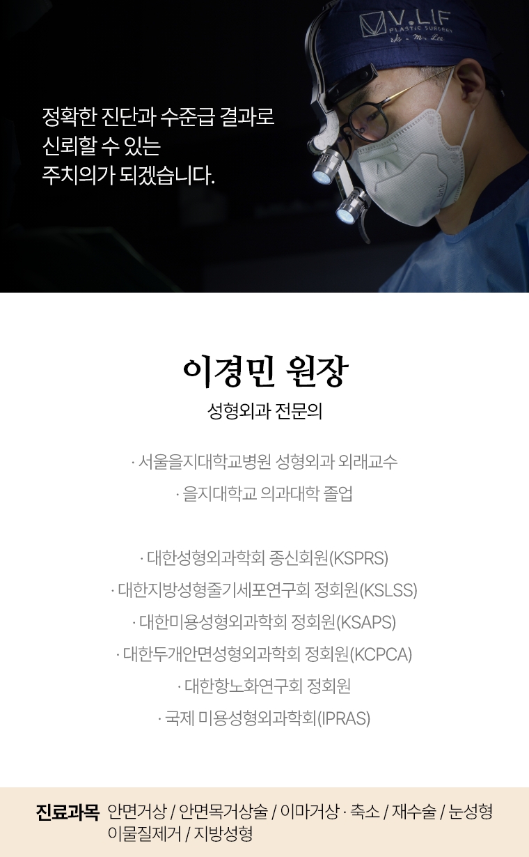 정확한 진단과 수준급 결과로 신뢰할 수 있는 주치의가 되겠습니다. 이경민 원장 성형외과 전문의 · 서울을지대학교병원 성형외과 외래교수 · 을지대학교 의과대학 졸업 · 대한성형외과학회 종신회원(KSPRS) · 대한미용성형외과학회 정회원(KSAPS) · 대한두개안면성형외과학회 정회원(KCPCA) · 국제 미용성형외과학회(IPRAS) · 대한항노화연구회 정회원 진료과목 : 안면거상 / 안면목거상술 / 이마거상 / 축소술 재수술 눈성형 재수술 / 이물질제거 / 지방성형